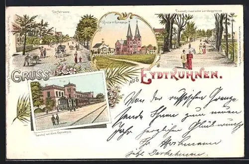 Lithographie Eydtkuhnen, Kirche und Synagoge, Dorfstrasse, Deutsch-russische Landesgrenze, Bahnhof mit Nord-Expresszug