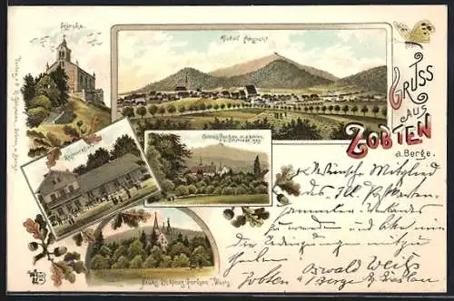 Lithographie Zobten a. Berge, Kirche, Restaurant, Schloss Gorkau, Neues Schloss, Totalansicht