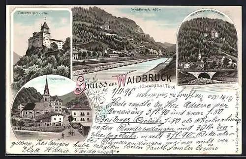 Lithographie Waidbruck im Eisacktal, Ortsansicht mit Trostburg, Pfarrkirche