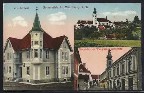 AK Münzbach /O.-Oe., Villa Adelheid, Hauptplatz mit Warenhaus Freinschlag