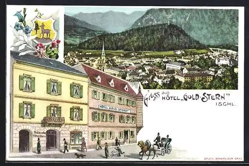 Lithographie Bad Ischl, Hotel Goldener Stern, Gesamtansicht, Wappen, Pferdekutsche