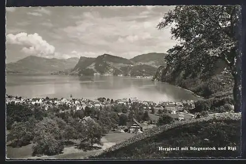 AK Hergiswil, Ortsansicht mit Bürgenstock und Rigi