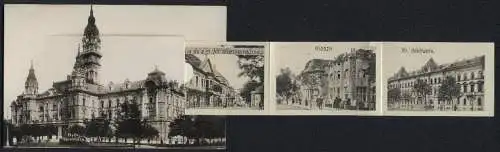 Leporello-AK Györ, Városháza, Pályaudvar, Fehérajó szálloda, Püspökvár, Bisinger sétány, Széchenyi tér