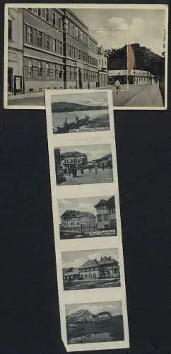 Leporello-AK Chust, Hrad, Kasárny p. pl. 45, Hotel Koruna, Zrícenina hradu, Panorama, Ceska skola