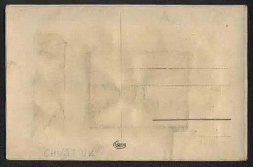 Leporello-AK Chust, Hrad, Kasárny p. pl. 45, Hotel Koruna, Zrícenina hradu, Panorama, Ceska skola