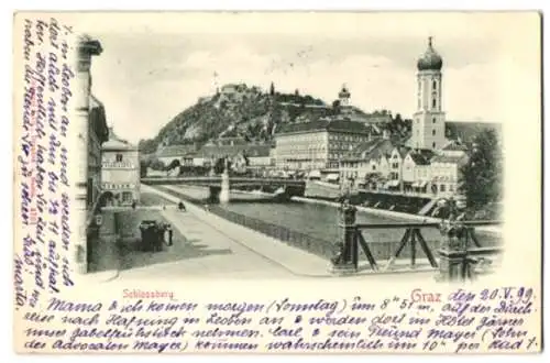 Relief-AK Graz, Ortspartie mit Blick zum Schlossberg