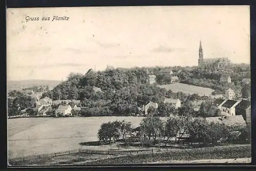 AK Planitz / Sa., Gesamtansicht mit Kirche