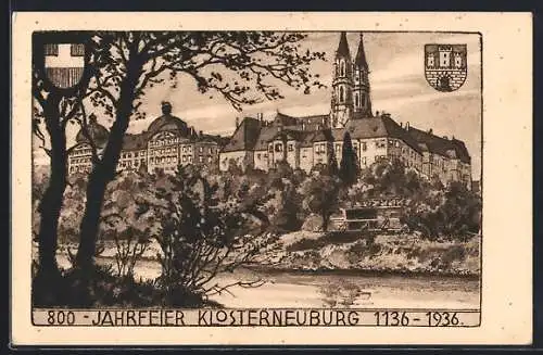 AK Klosterneuburg, Ortsansicht, Wappen der Stadt und der Schweiz, 800 Jahre Klosterneuburg