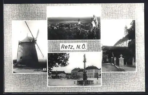 AK Retz, Panormaansicht, Windmühle, Ortsansicht