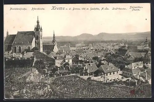 AK Krems a. d. Donau, Teilansicht mit Piaristenkirche, Pfarrkirche, Stadttheater und Steinertor-Turm