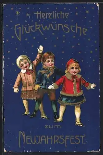 AK Neujahrsgruss, Drei Kinder vor einem Sternenhimmel