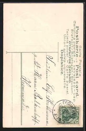 Präge-AK Neujahrsengel mit Fanfare in den Wolken