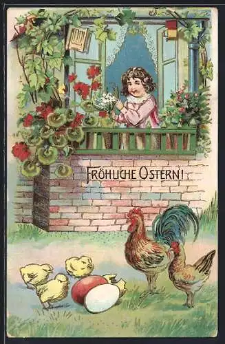 Präge-AK Mädchen betrachtet die Osterküken unter seinem Fenster, Fröhliche Ostern!