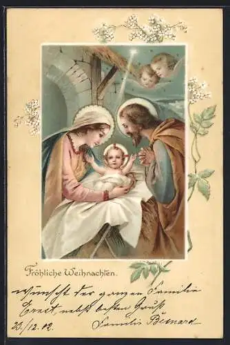 Präge-AK Weihnachtsengel betrachten Jesus, Maria und Josef