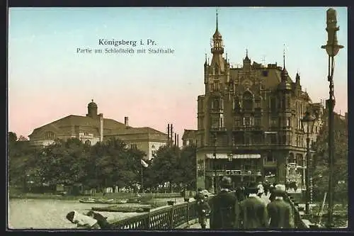 AK Königsberg, Partie am Schlossteich mit Stadthalle