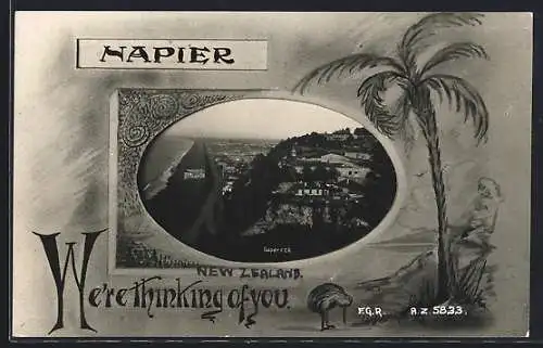 AK Napier, General View, Kiwi under a palm tree