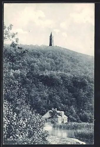 AK Himmelbjerget, Haus am Wasser und Blick auf den Turm