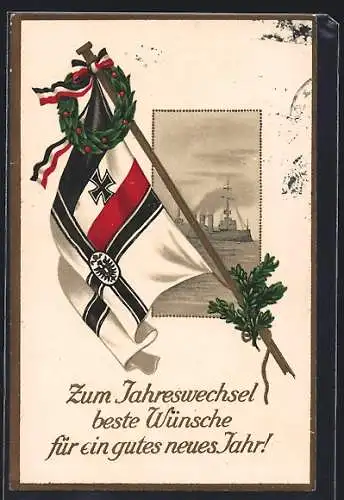 AK Reichskriegsflagge mit Loorbeerkranz, Kriegschiff auf See