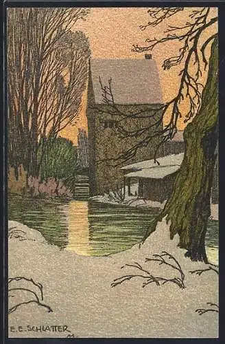 Künstler-AK Ernst E.Schlatter: Schwabing, alte Mühle im Winter