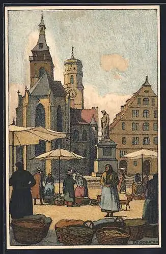 Künstler-AK Ernst E. Schlatter: Stuttgart, Markt an der Stiftskirche mit Schillerdenkmal