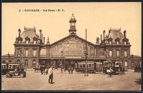 AK Roubaix, La Gare, Strassenbahn vor dem Bahnhof