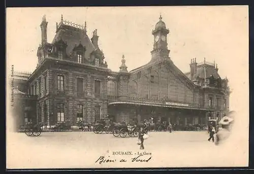 AK Roubaix, La Gare, Kutschen am Bahnhof