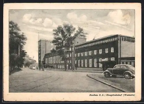 AK Beuthen, Hauptbahnhof von der Westseite, Strassenbahn