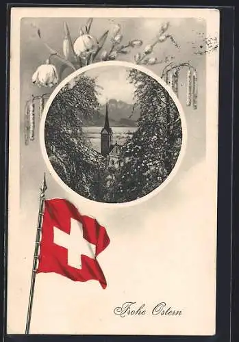AK Blick zur Kirche im Passepartout mit der Schweizer Flagge