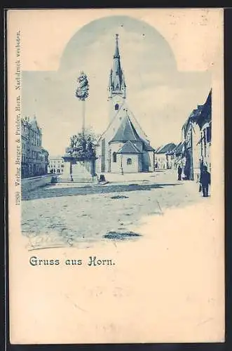 AK Horn, Marktplatz mit Denkmal und Kirche