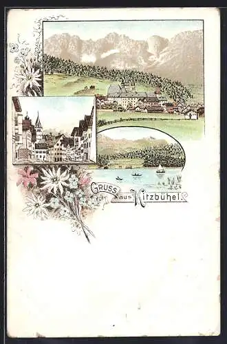 Lithographie Kitzbühel, Strassenpartie im Ortskern, Ortsansicht, Panoramablick vom See aus