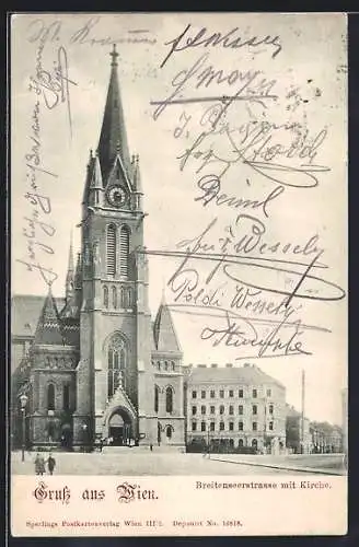 AK Wien, Breitenseerstrasse mit Kirche