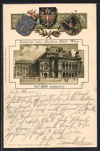 Lithographie Wien, Opernhaus, Souvenir vom Residenz Hotel, Wappen