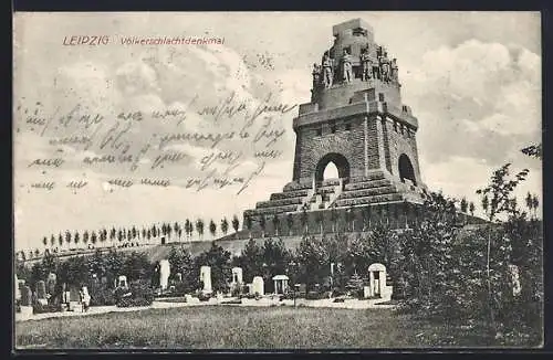 AK Leipzig, Völkerschlachtdenkmal, Ansicht vom Friedhof aus