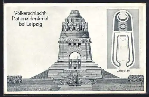 AK Leipzig, Völkerschlachtdenkmal mit Lageplan