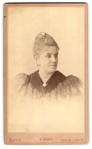 Fotografie H. Noack, Berlin, Unter den Linden 45, Portrait einer Dame mit elegantem Haar und Kleid