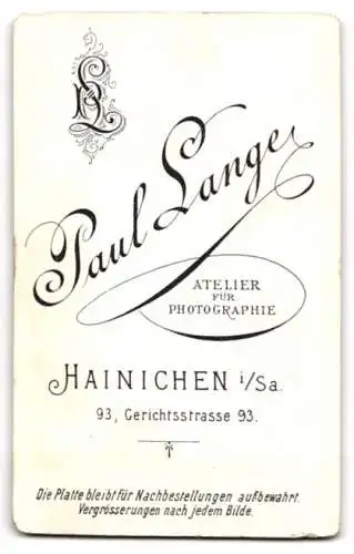 Fotografie Paul Lange, Hainichen, Gerichtsstrasse 93, Porträt eines jungen Mannes