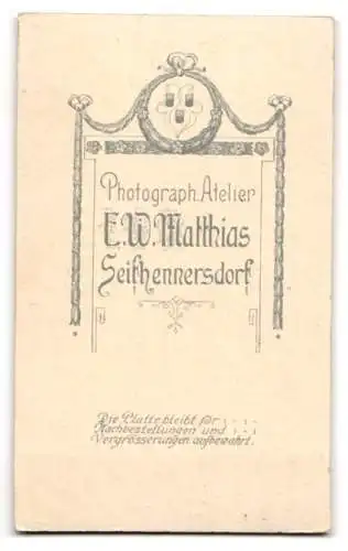 Fotografie E. W. Matthias, Seifhennersdorf, Junge vor dekorativem Hintergrund