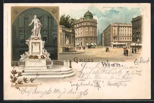 Lithographie Wien, Albrechtsplatz, und Mozart-Denkmal