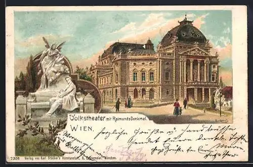 Lithographie Wien, Volkstheater mit Raimunds-Denkmal