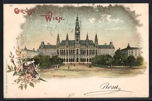 Lithographie Wien I, Rathaus, Wappen, Blumenmotiv um 1900