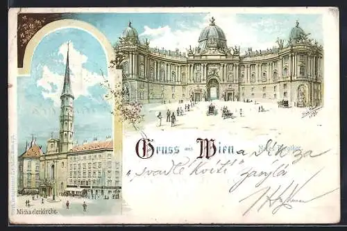 Lithographie Wien, das neue Burgtor, die Michaelerkirche