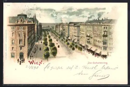 Lithographie Wien I, Ringstrasse, Blick auf den Schottenring