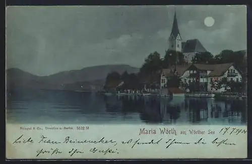 Mondschein-AK Maria Wörth am Wörther See, Uferpartie mit Kirche