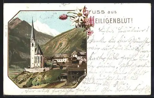 Lithographie Heiligenblut, Teilansicht mit Kirche