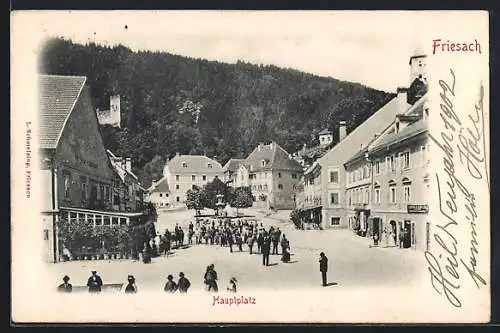 AK Friesach, Hauptplatz mit Geschäften und Ruine