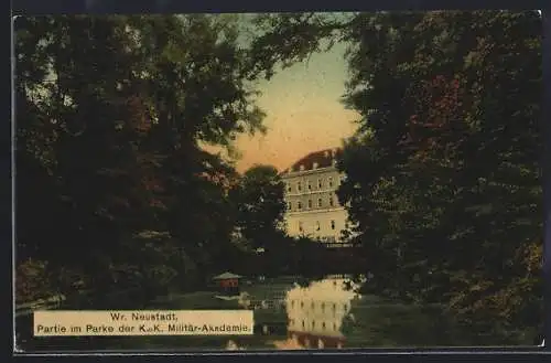 AK Wr. Neustadt, Park der Militär-Akademie mit Teich und Gebäude