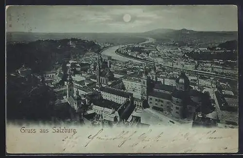 Mondschein-AK Salzburg, Ortsansicht mit Salzach aus der Vogelschau