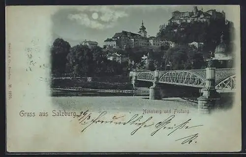 Mondschein-AK Salzburg, Nonnberg und Festung mit Brücke