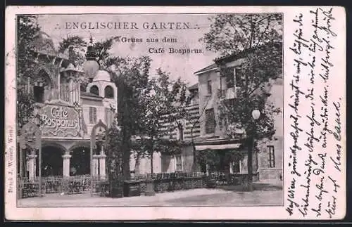 AK Wien, Englischer Garten, Cafe Bosporus, Vorderansicht mit Terrasse