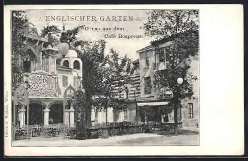 AK Wien, Englischer Garten, Cafe Bosporus, Gebäudeansicht mit Terrasse